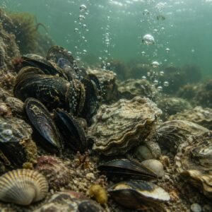 Mejillones y conchas en un fondo marino con burbujas