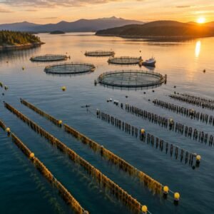 Acuicultura multitrófica en una bahía con jaulas, mejilloneras y algas