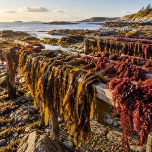 Algas recién cosechadas secándose sobre rocas de la costa atlántica