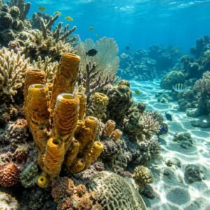 Arrecife de coral y esponjas en aguas tropicales claras
