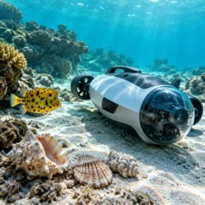 Pez cofre junto a un vehículo submarino inspirado en su forma