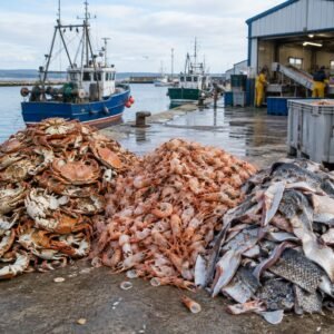 Caparazones de crustáceos y pieles de pescado en el muelle
