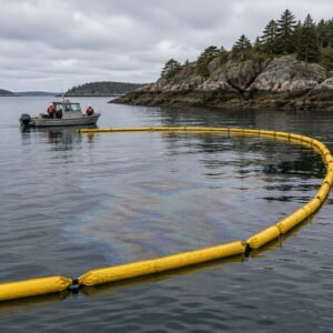 Barreras de contención sobre una mancha en el mar