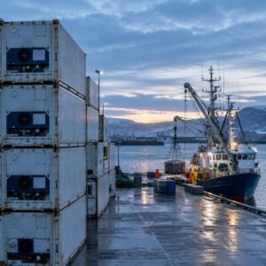 Contenedores refrigerados en un puerto pesquero al amanecer