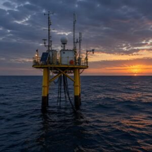 Plataforma de observación oceánica en alta mar al anochecer