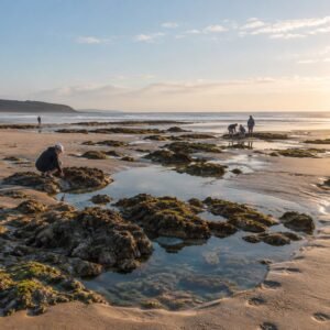 Playa con marea baja y charcas para observación