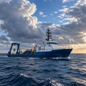 Buque oceanográfico en mar abierto con nubes