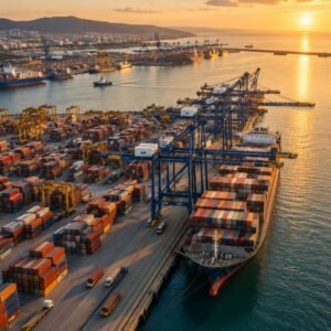 Vista aérea de una terminal de contenedores al atardecer