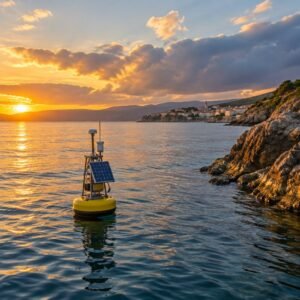 Boya oceanográfica frente a una costa al atardecer