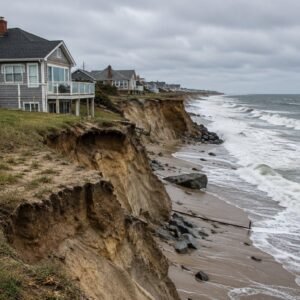 Costa erosionada con casas al borde del acantilado