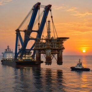 Buque grúa desmantelando una plataforma offshore al atardecer