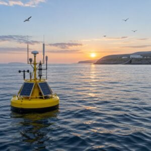 Boya oceanográfica con antenas flotando en mar abierto al amanecer