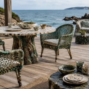 Objetos de diseño hechos con materiales marinos sobre una terraza junto al mar
