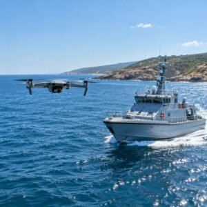 Dron aéreo sobrevolando un buque y el mar