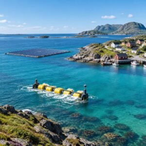 Pequeña isla con dispositivos de energía oceánica