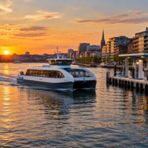 Ferri eléctrico cruzando el puerto de una ciudad al atardecer