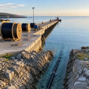 Muelle con bobinas de cable de fibra óptica junto al mar