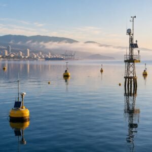 Bahía con red de boyas instrumentadas y torre de monitorización