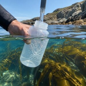 Botella de muestreo de agua sobre la superficie del mar