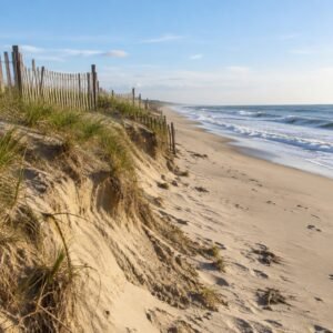 Playa con duna erosionada y empalizadas de arena