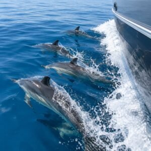 Delfines nadando junto al casco de un buque en aguas azules