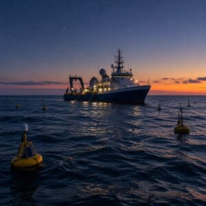 Buque de investigación rodeado de boyas instrumentales al crepúsculo