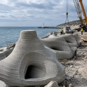 Elementos de dique impresos en 3D en una obra costera