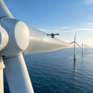 Dron inspeccionando un aerogenerador marino
