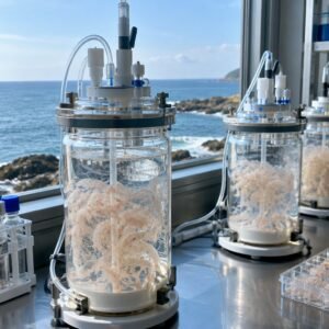 Biorreactores junto a una ventana con vistas al mar