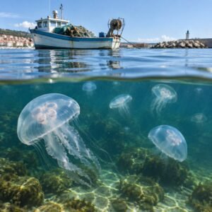 Medusas translúcidas en aguas costeras cerca de un puerto