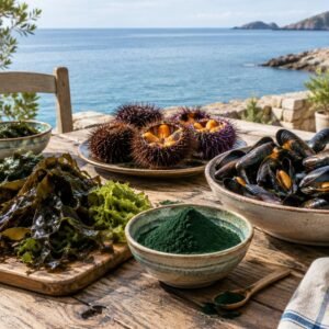 Mesa junto al mar con algas, erizos y nuevos alimentos marinos