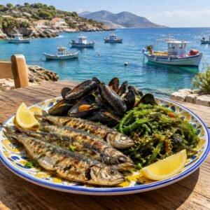 Plato de pescado azul y algas frente a una bahía mediterránea