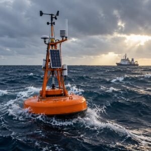 Boya oceanográfica fondeada entre olas del Atlántico