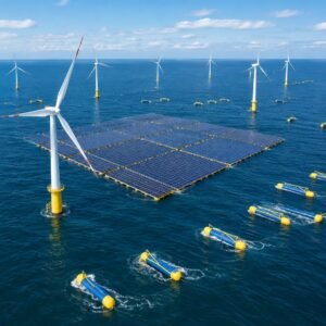 Parque híbrido con aerogeneradores, olas y solar flotante