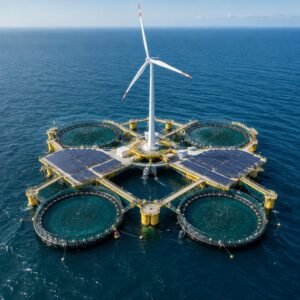 Plataforma multiuso en el mar con eólica, acuicultura y solar