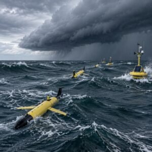 Boyas y planeadores oceánicos ante un frente de tormenta en alta mar