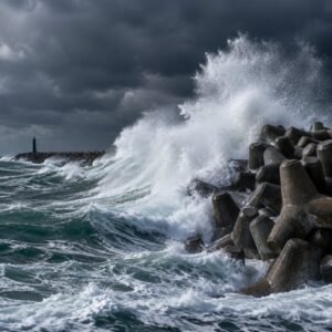 Olas de temporal rompiendo contra un dique portuario
