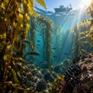 Bosque de algas submarino con peces y mejillones bajo la luz del sol