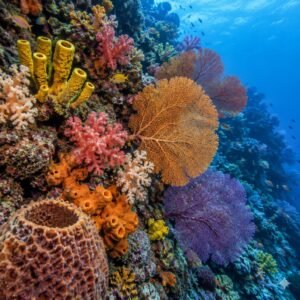 Esponjas y corales de colores en el fondo marino