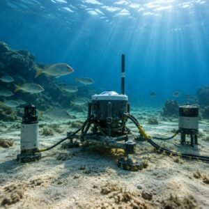 Nodo de sensores submarinos sobre el fondo marino con peces alrededor