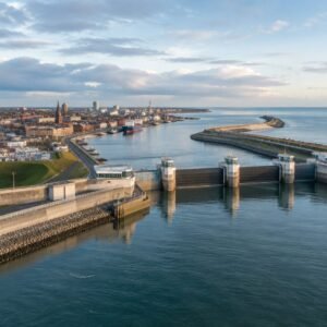 Barrera contra marejadas protegiendo una ciudad portuaria