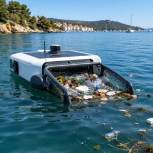 Robot flotante recogiendo plásticos en el mar