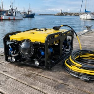 Robot submarino sobre un pantalán junto al mar