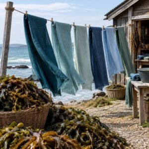 Telas de algas tendidas al viento junto a la costa