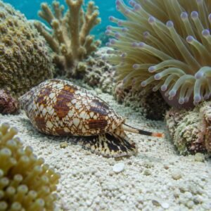 Caracol cono y anémonas en un arrecife