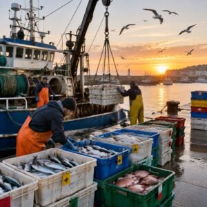 Arrastrero descargando cajas de pescado en el muelle al amanecer