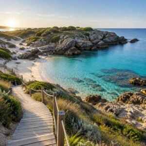 Cala rocosa de aguas turquesa con pasarela de madera