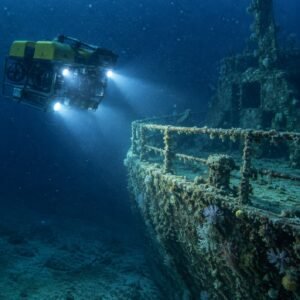 Vehículo submarino iluminando un pecio con focos