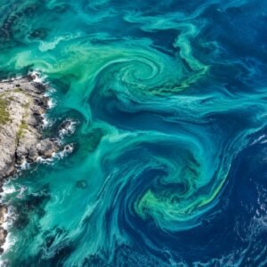 Vista aérea de corrientes oceánicas y floraciones de plancton junto a la costa