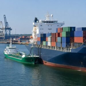Buque portacontenedores repostando metanol verde en puerto